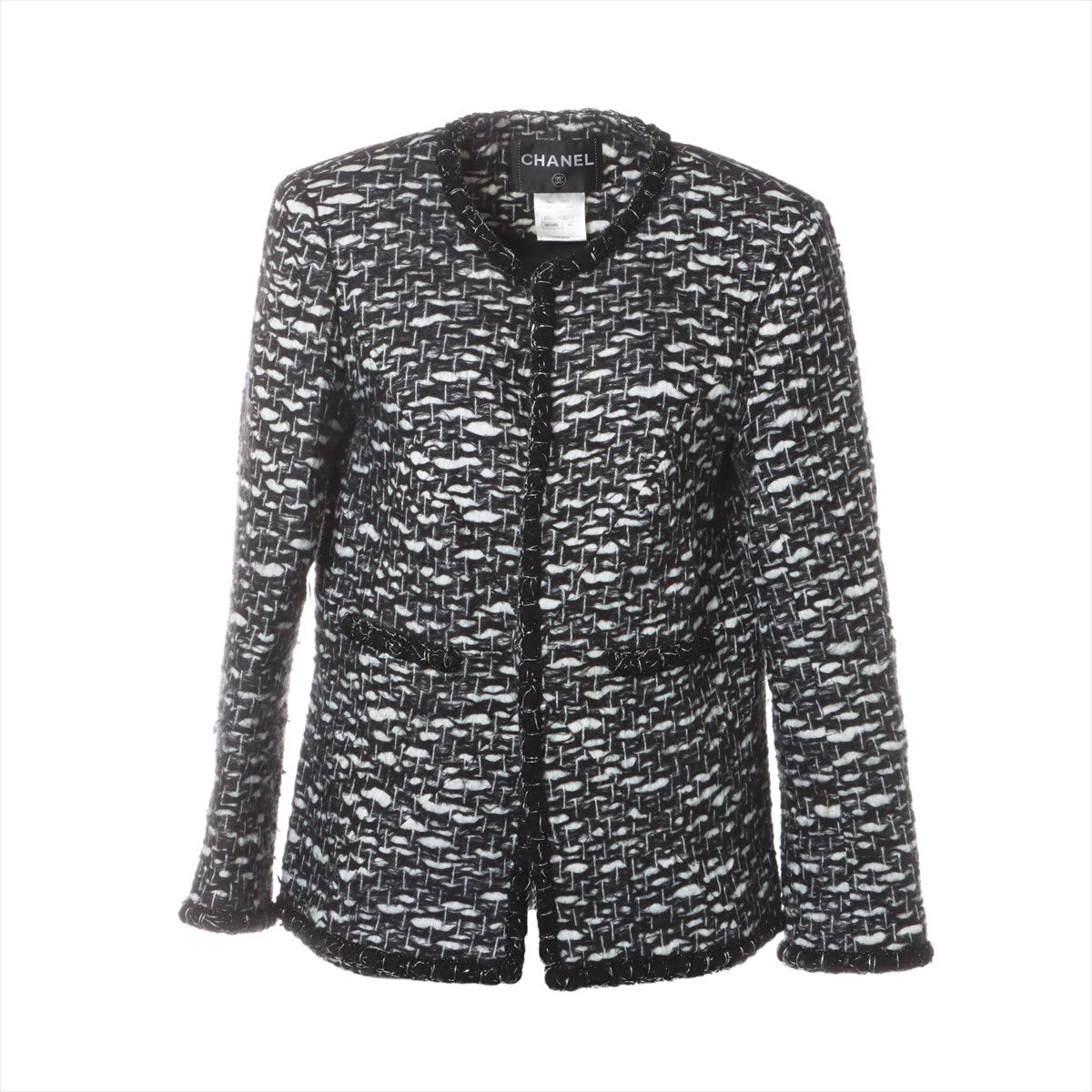 Chanel Coco Button Wool & Polyester Collarless jacket 44 Ladies' Black × White  P39053