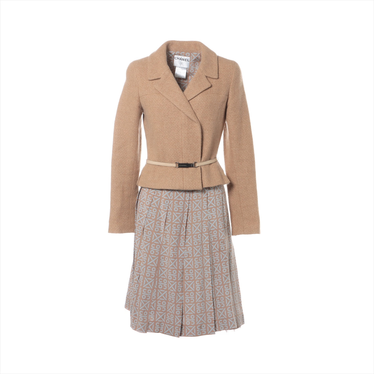 Chanel Coco Mark 00A Cashmere & silk Setup 36 Ladies' Beige x blue  P16646 Skirt button missing on one side
