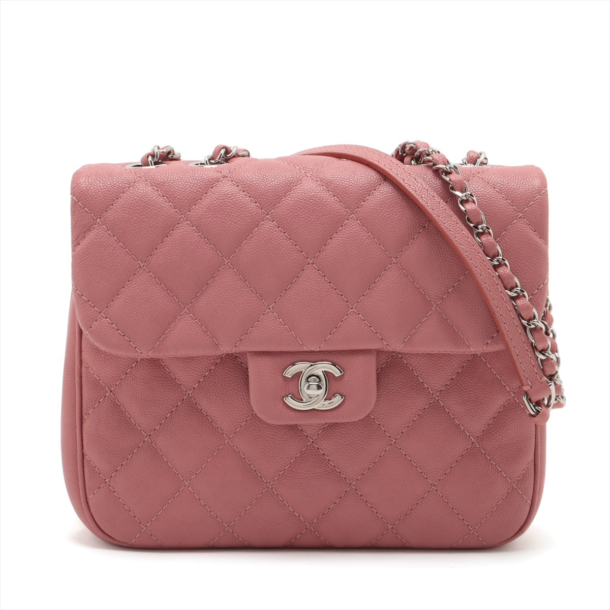 Chanel Matelasse Caviarskin Single flap Double chain bag Pink Silver Metal fittings 25XXXXXX