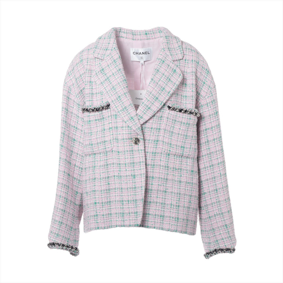 Chanel Coco Button 21S Cotton & Polyester Jacket 44 Ladies' Pink x green  P70531 Tweed chain trim