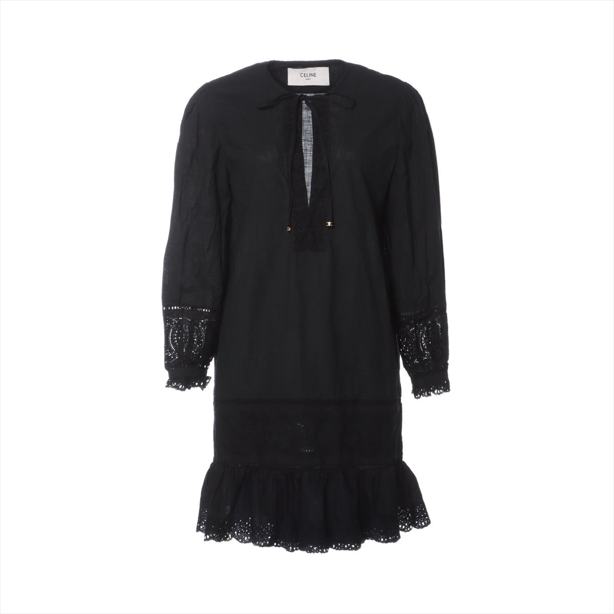 CELINE Embroidery Cotton Dress 38 Ladies' Black  2R73J658R トリオンフ刺繍 Charm