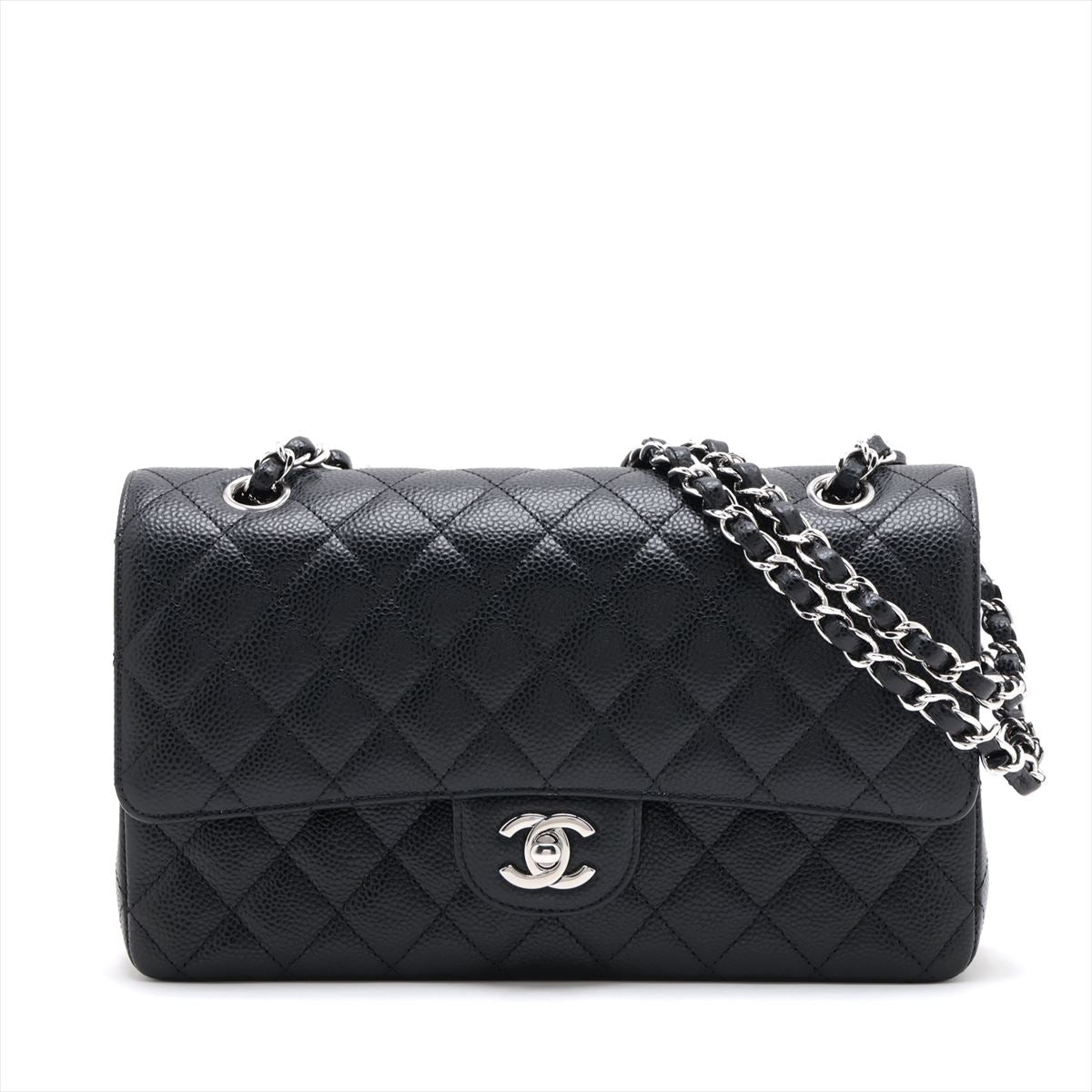 Chanel Matelasse25 Caviarskin Double flap Double chain bag Black Silver Metal fittings A01112
