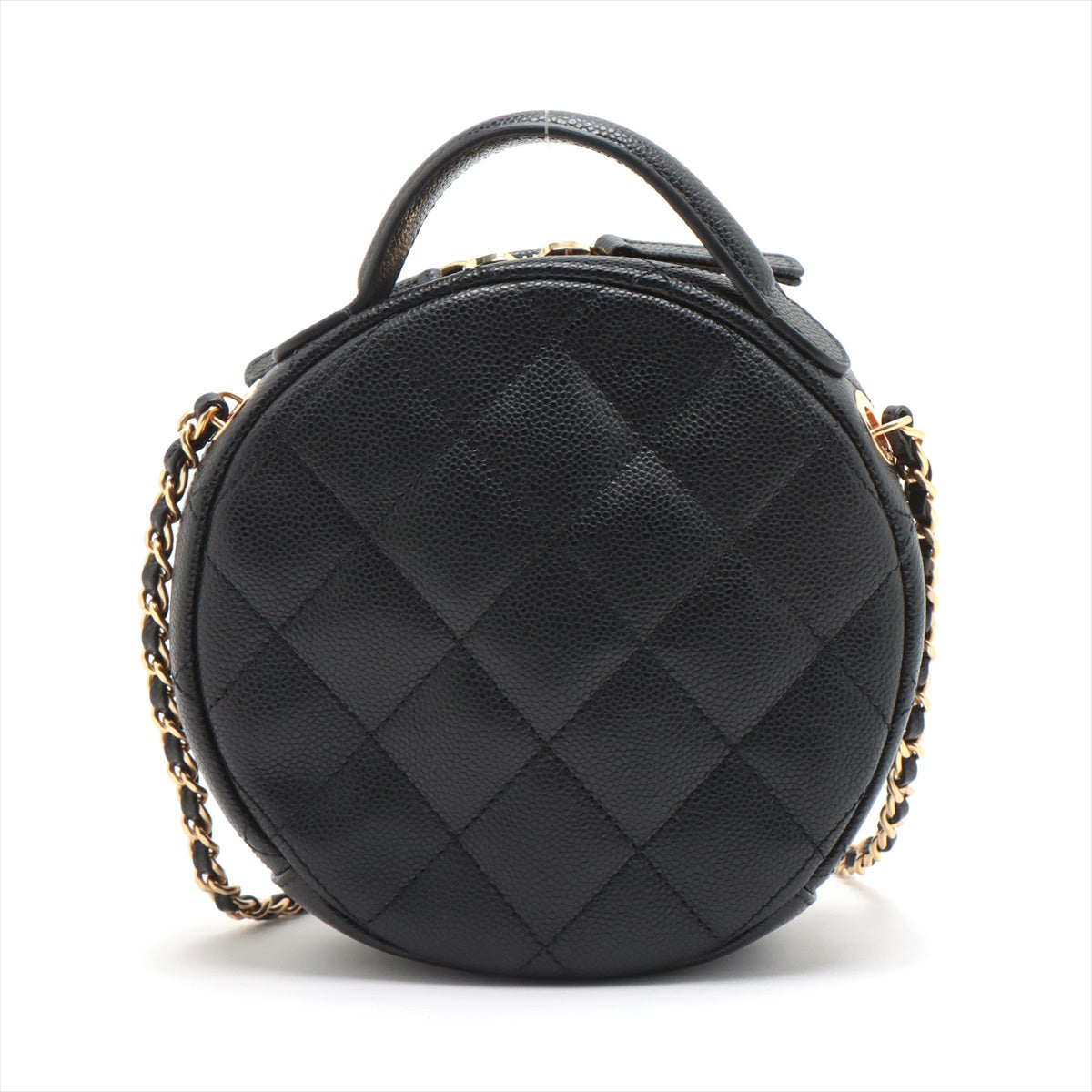 Chanel Matelasse Caviar Skin 2 Way Shoulder Bag Round Black Gold Metal Fittings