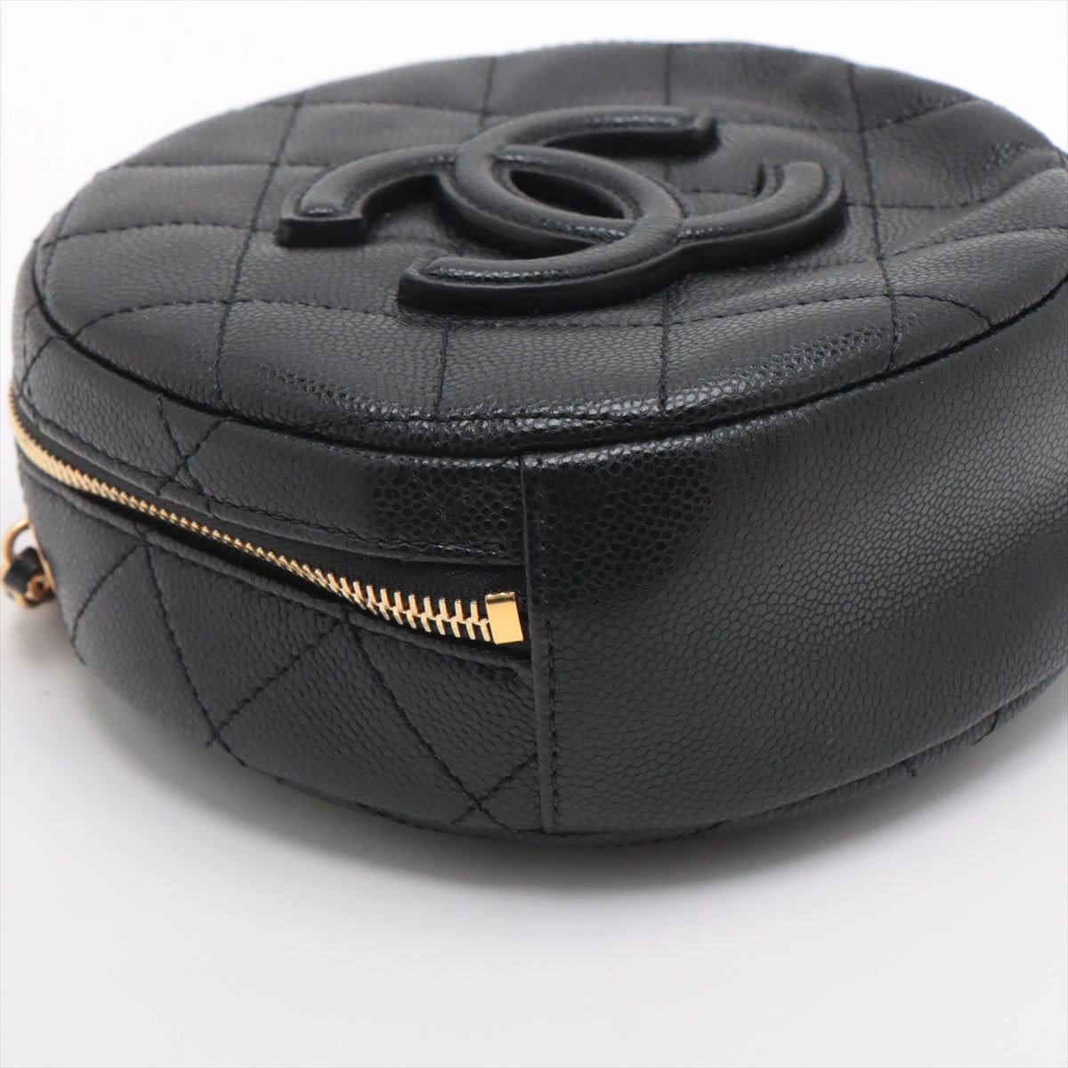 Chanel Matelasse Caviar Skin 2 Way Shoulder Bag Round Black Gold Metal Fittings