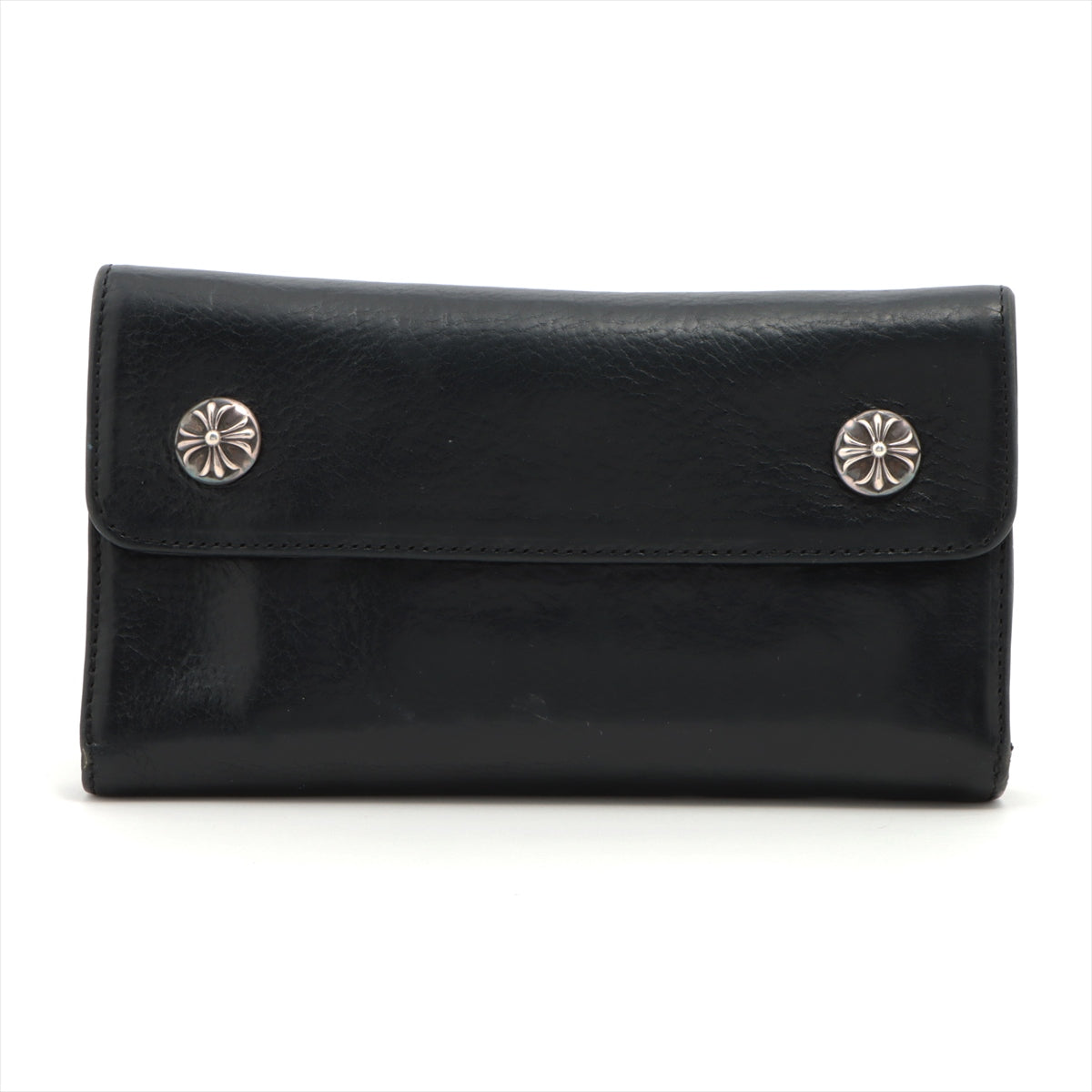 Chrome Hearts Wave Wallet Leather & 925 Black × Silver cross ball button