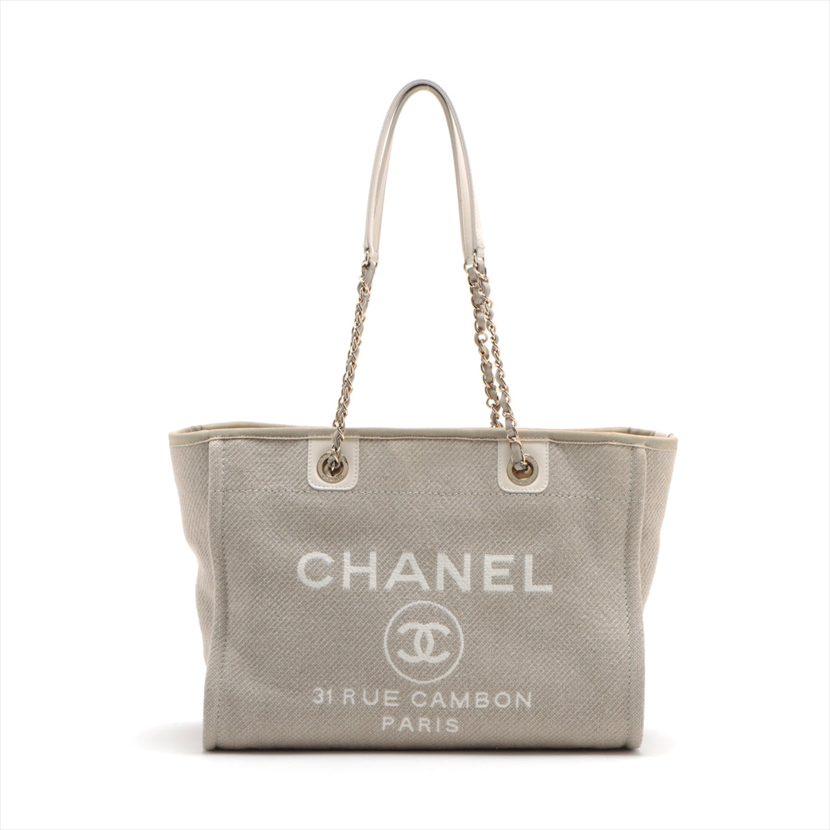 Chanel Deauville MM Canvas & leather Chain tote bag Beige Gold Metal fittings