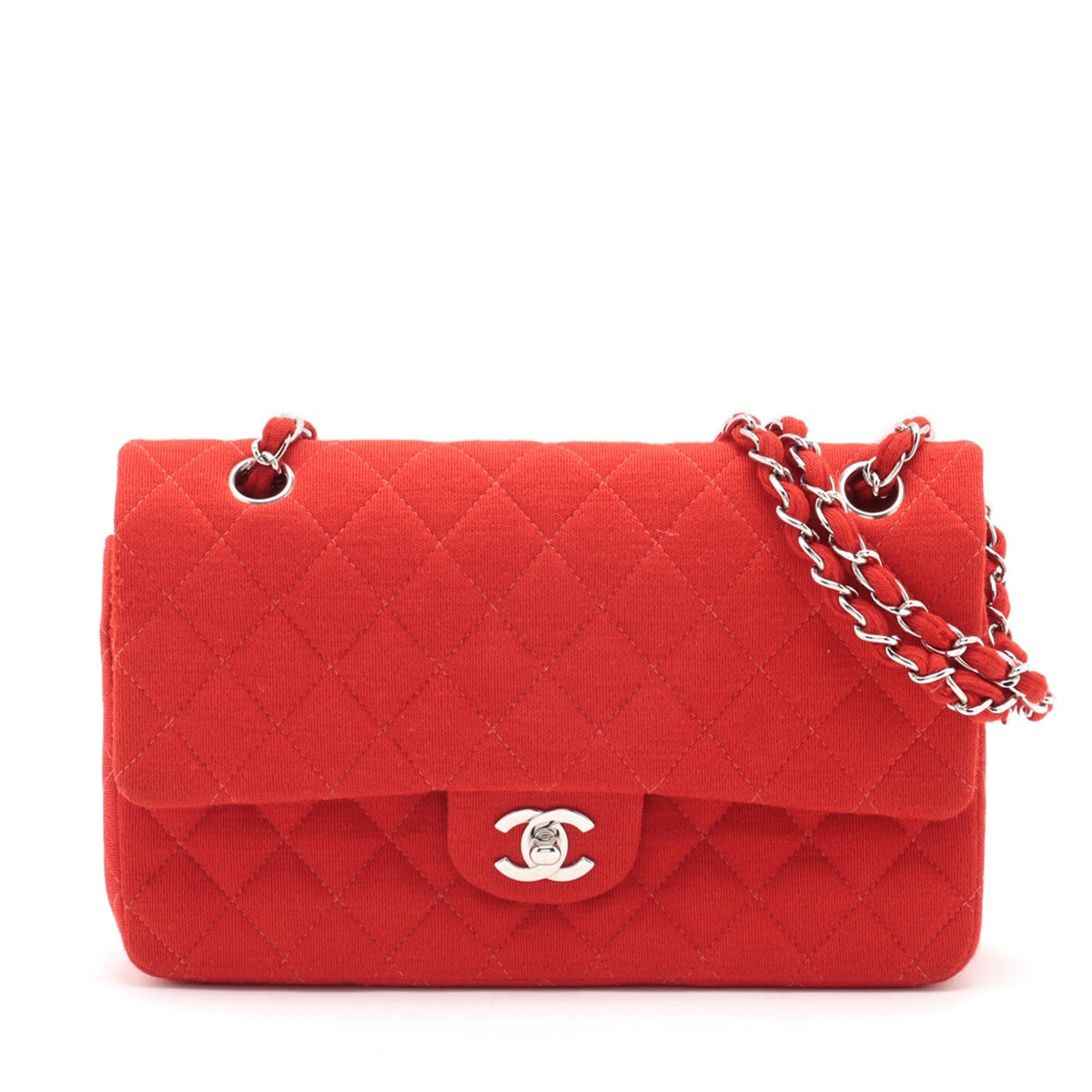 Chanel Matelasse 25 Cotton Double Flap Double Chain Bag Red Silver Metal Fittings 5XXXXXX A01112