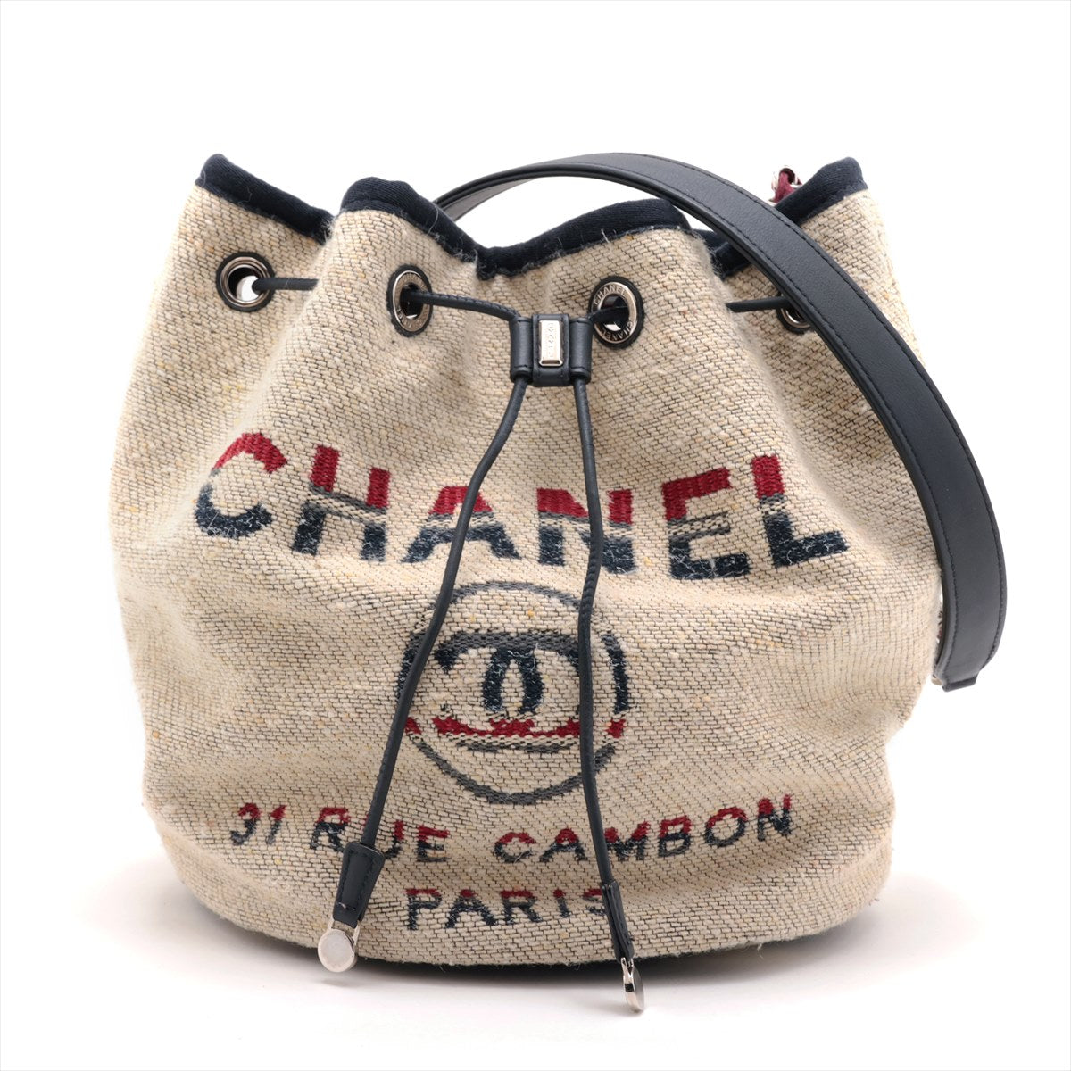 Chanel Deauville canvas Drawstring Shoulder Bag Beige Silver Metal Fittings 26XXXXXX