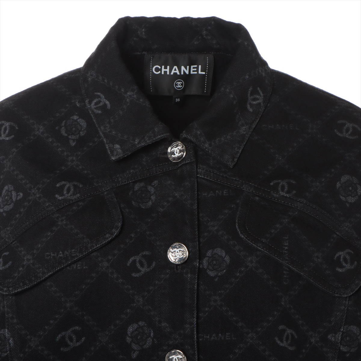 Chanel Coco Mark 23AW Cotton Denim Jacket 36 Ladies' Black  P75284 Camelia Coco Button