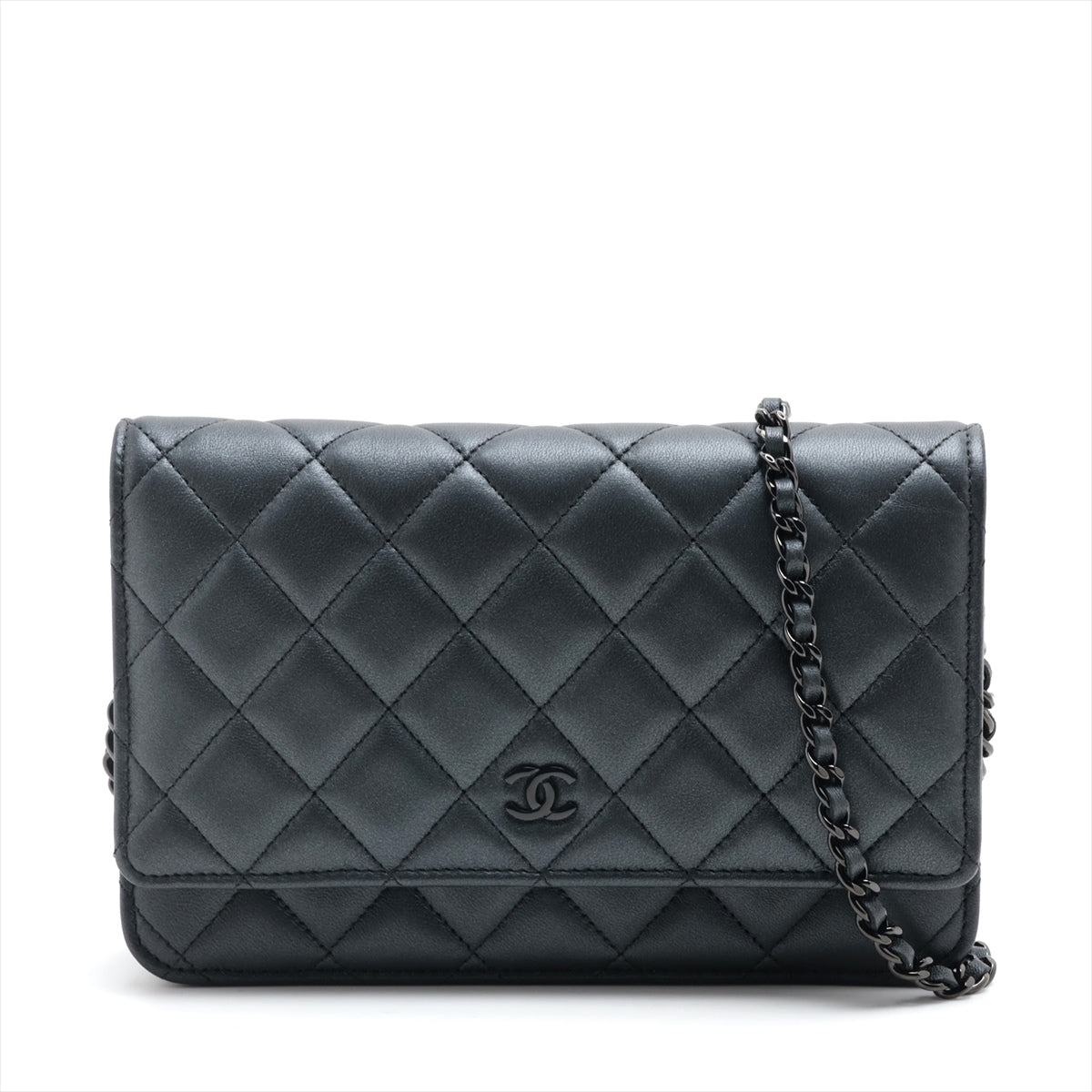 Chanel Matelasse Lambskin Chain Wallet Grey Black Metal Fittings