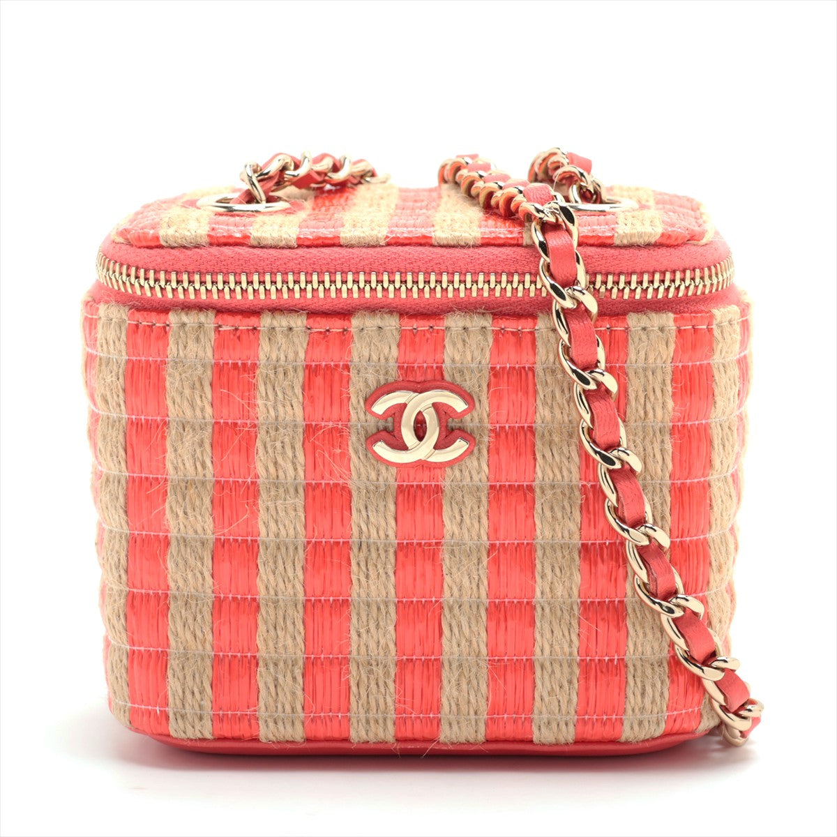 Chanel Coco Mark Raffia Chain Shoulder Bag Vanity Beige x red Silver Metal Fittings 31st