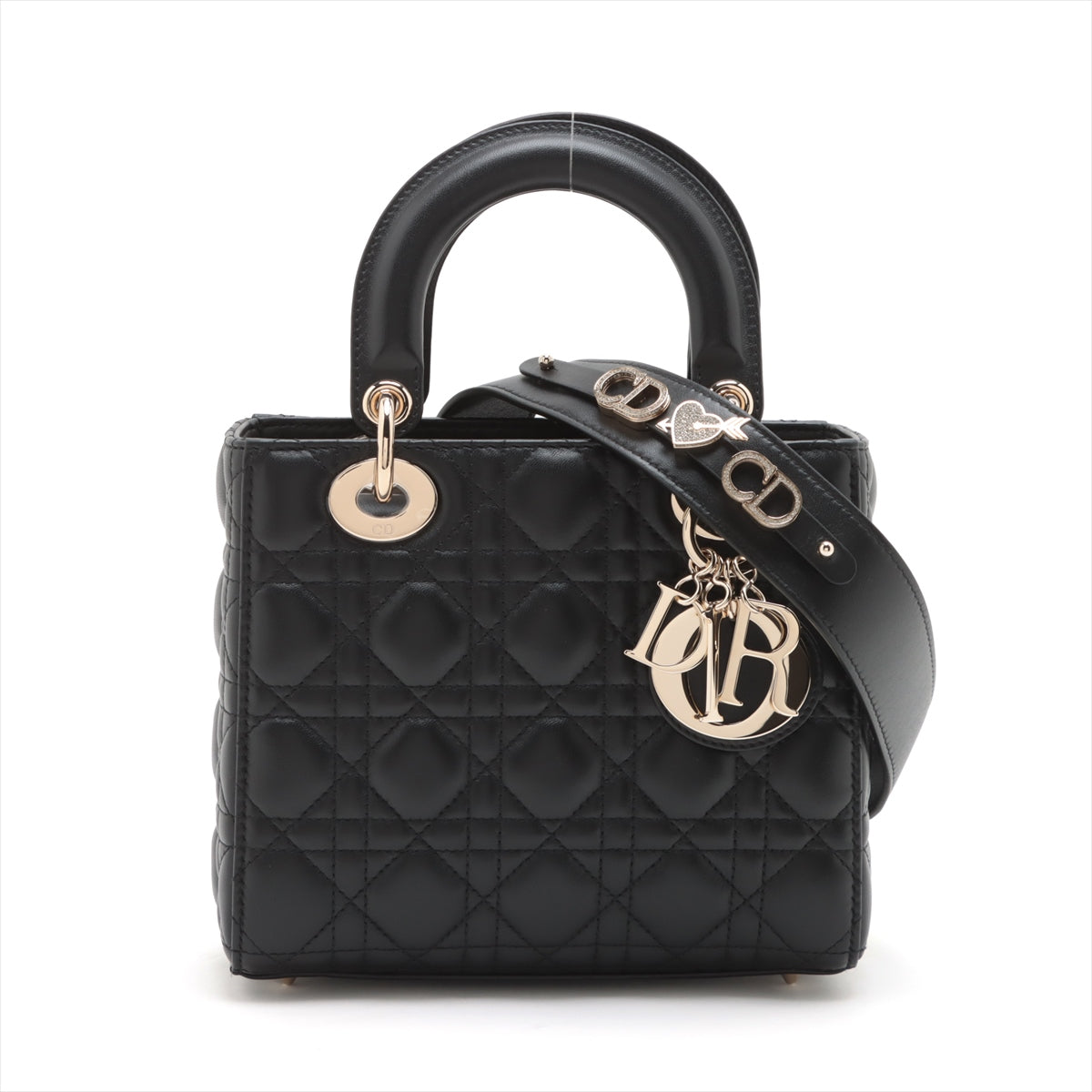 Christian Dior My Lady Dior Cannage Leather 2 Way Handbag Black With charms