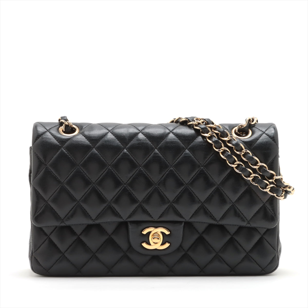 Chanel Matelasse 25 Lambskin Double Flap Double Chain Bag Black Gold Metal Fittings 18XXXXXX A01112