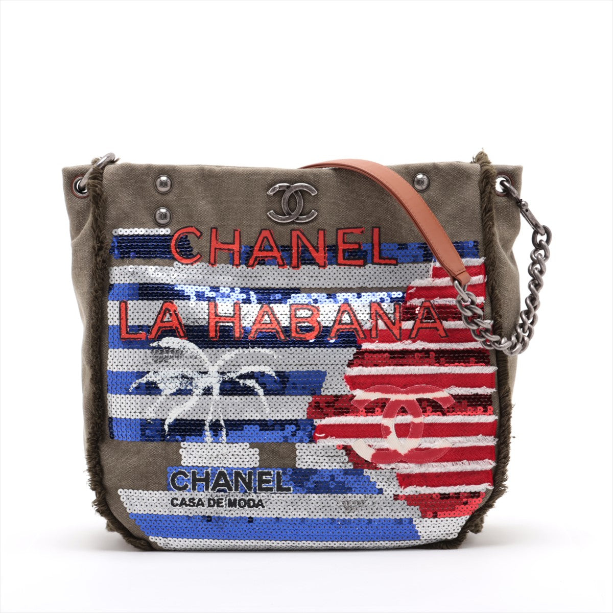 Chanel Havane Sequins x canvas x leather Chain Shoulder Bag Khaki Gunmetal Fittings 23XXXXXX