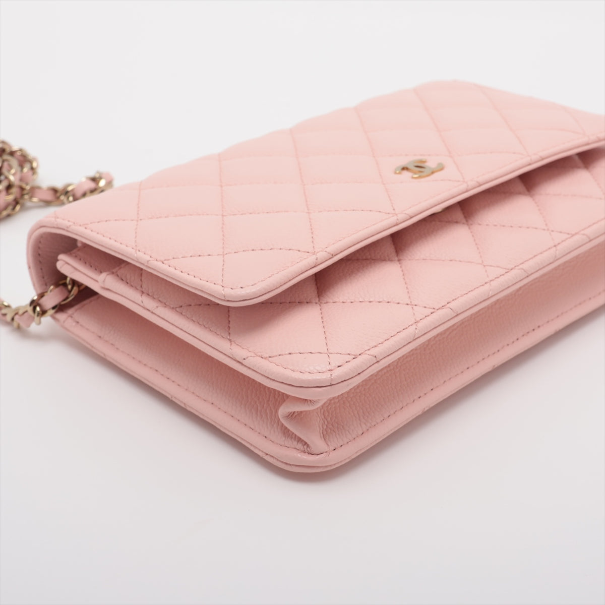 Chanel Matelasse Caviar Skin Chain Wallet Pink Gold Metal Fittings