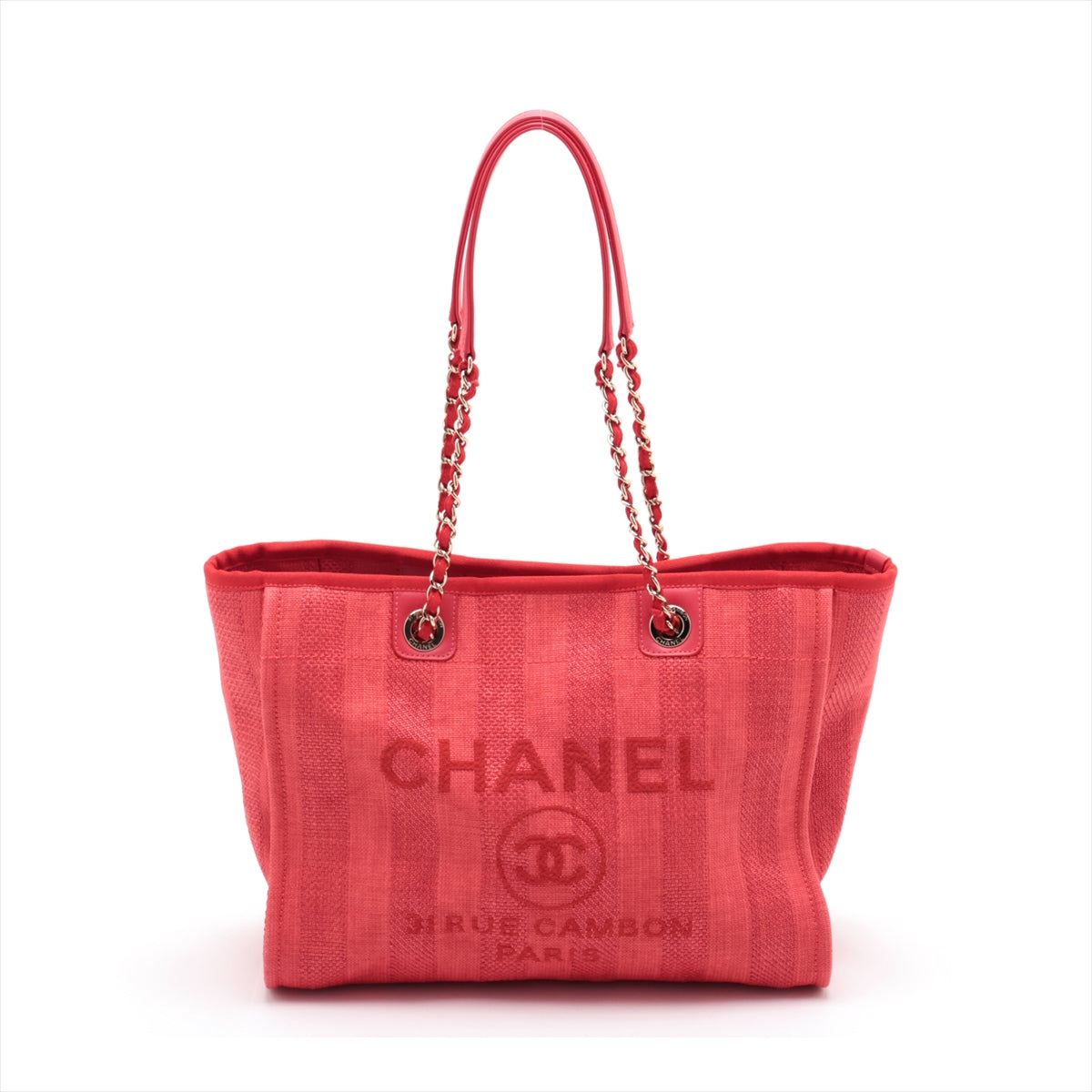 Chanel Deauville MM Straw Chain Tote Bag Red Gold Metal Fittings 29th
