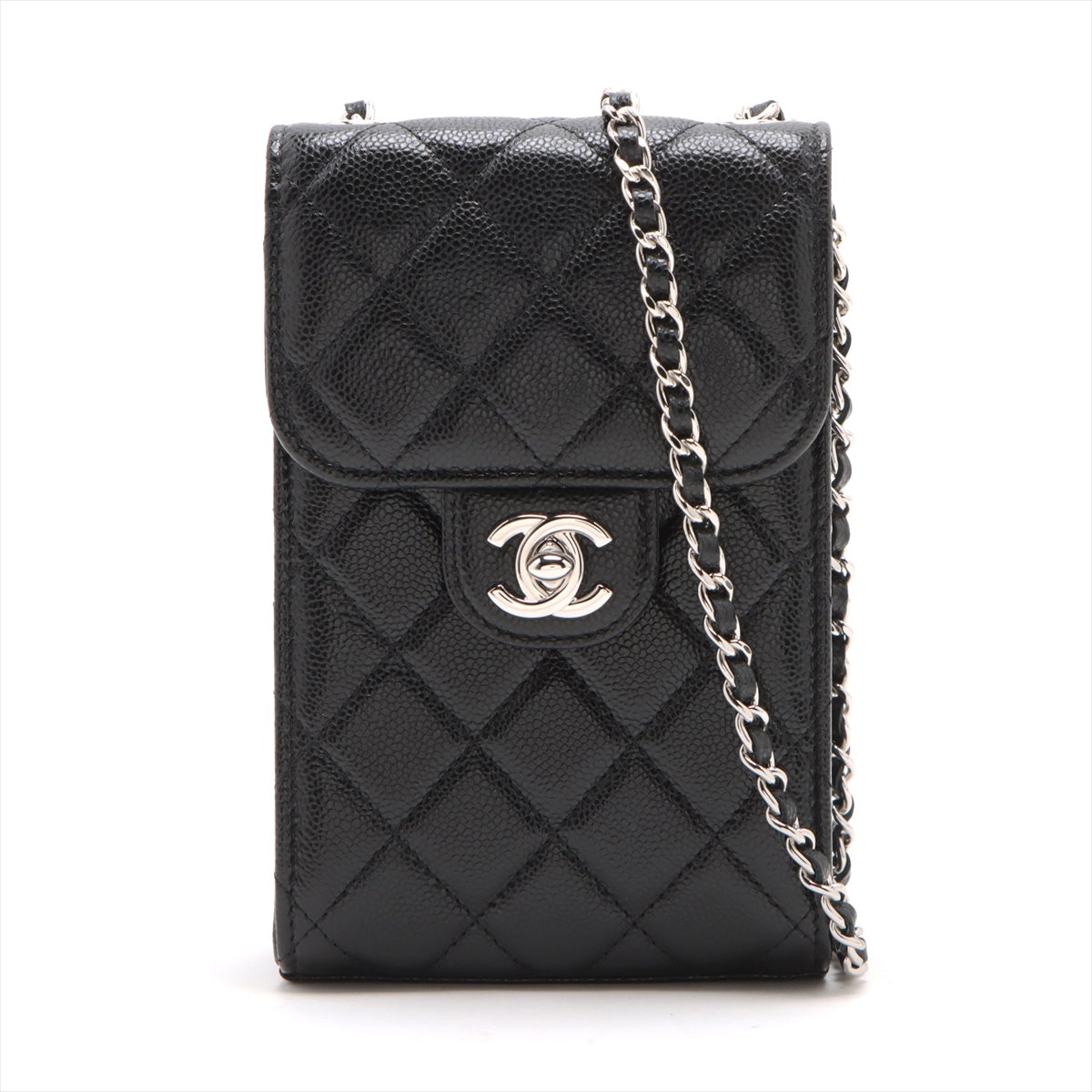 Chanel Matelasse Caviar Skin Single Flap Single Chain Bag Black Silver Metal Fittings 30