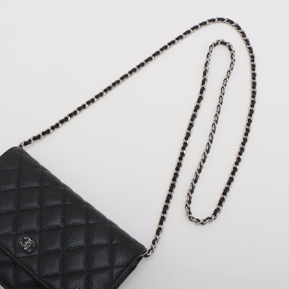 Chanel Matelasse Caviar Skin Chain Wallet Black Silver Metal Fittings 30