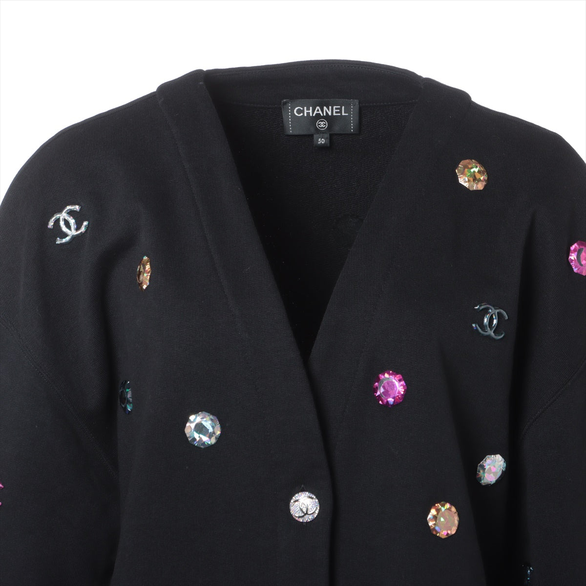 Chanel Coco Button P71 Cotton Cardigan 50 Ladies' Black  P71493K10289 There is a stone thread