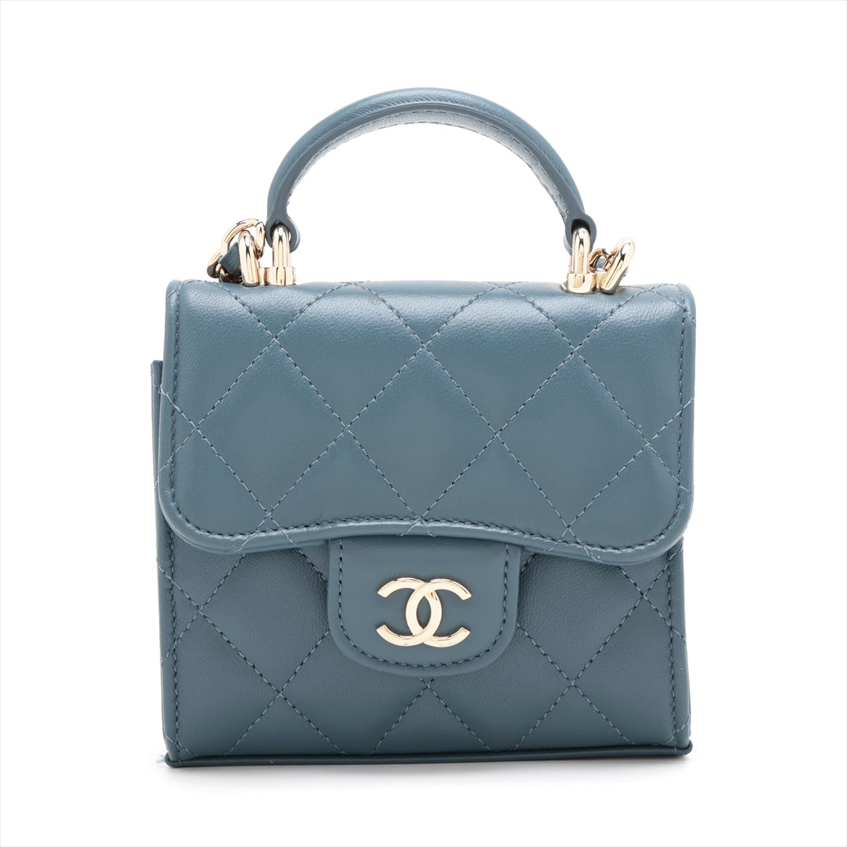 Chanel Mini Mini Matelasse Lambskin Chain Shoulder Bag Top Handle Blue Gold Metal Fittings AP2682