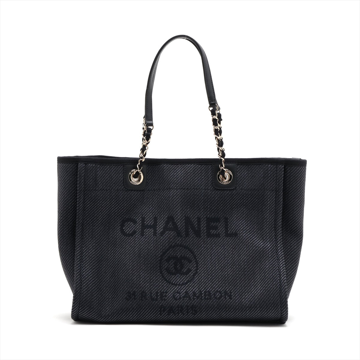 Chanel Deauville MM Straw Chain Tote Bag Navy Blue Gold Metal Fittings 30