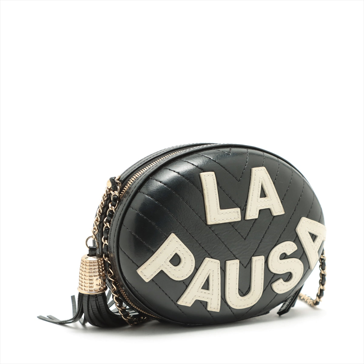 Chanel La Pausa Leather Chain shoulder bag V Stitch Fringe Black Gold Metal fittings 27th
