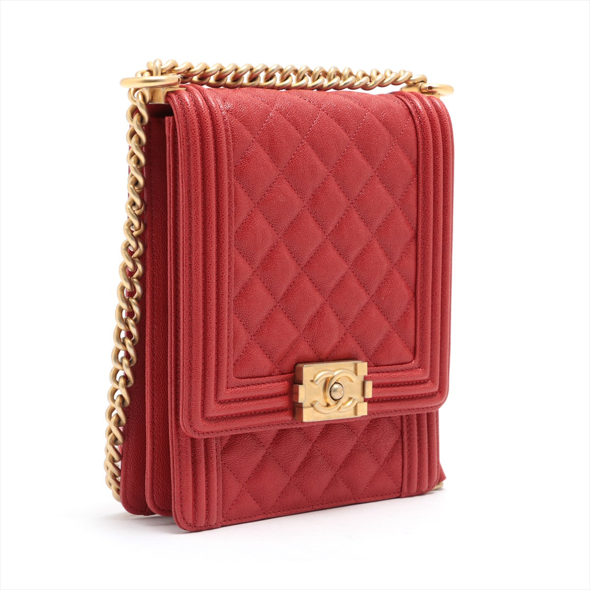 Chanel Boy Chanel Caviar Skin Chain Shoulder Bag Red Gold Metal Fittings 26XXXXXX AS0130