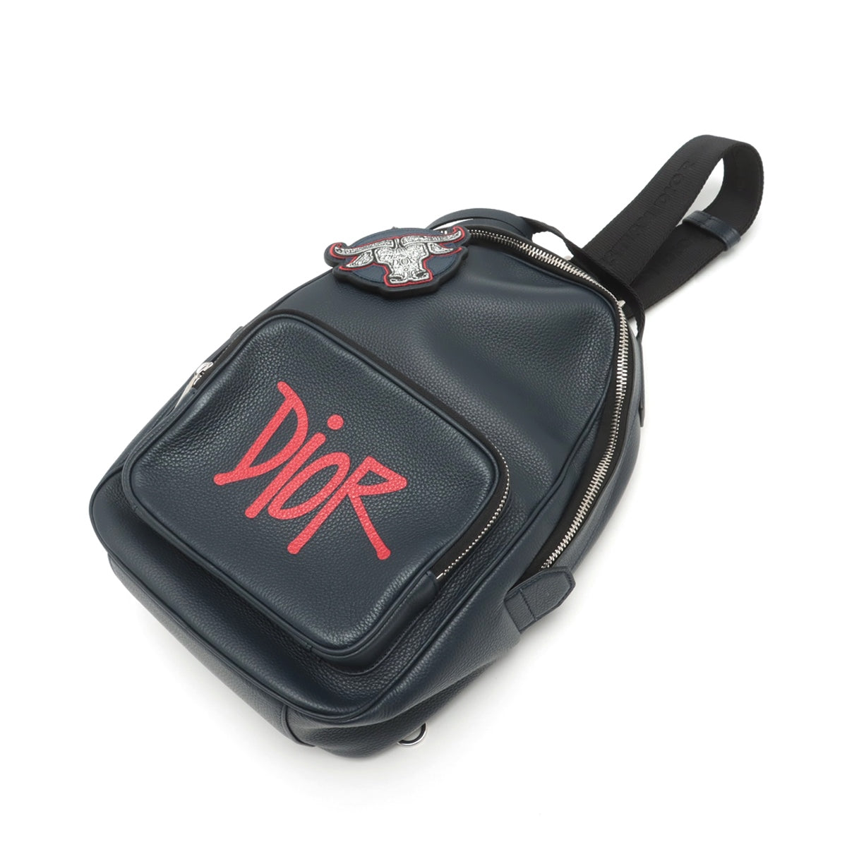 Dior x Stussy Logo Leather Sling backpack Navy x red