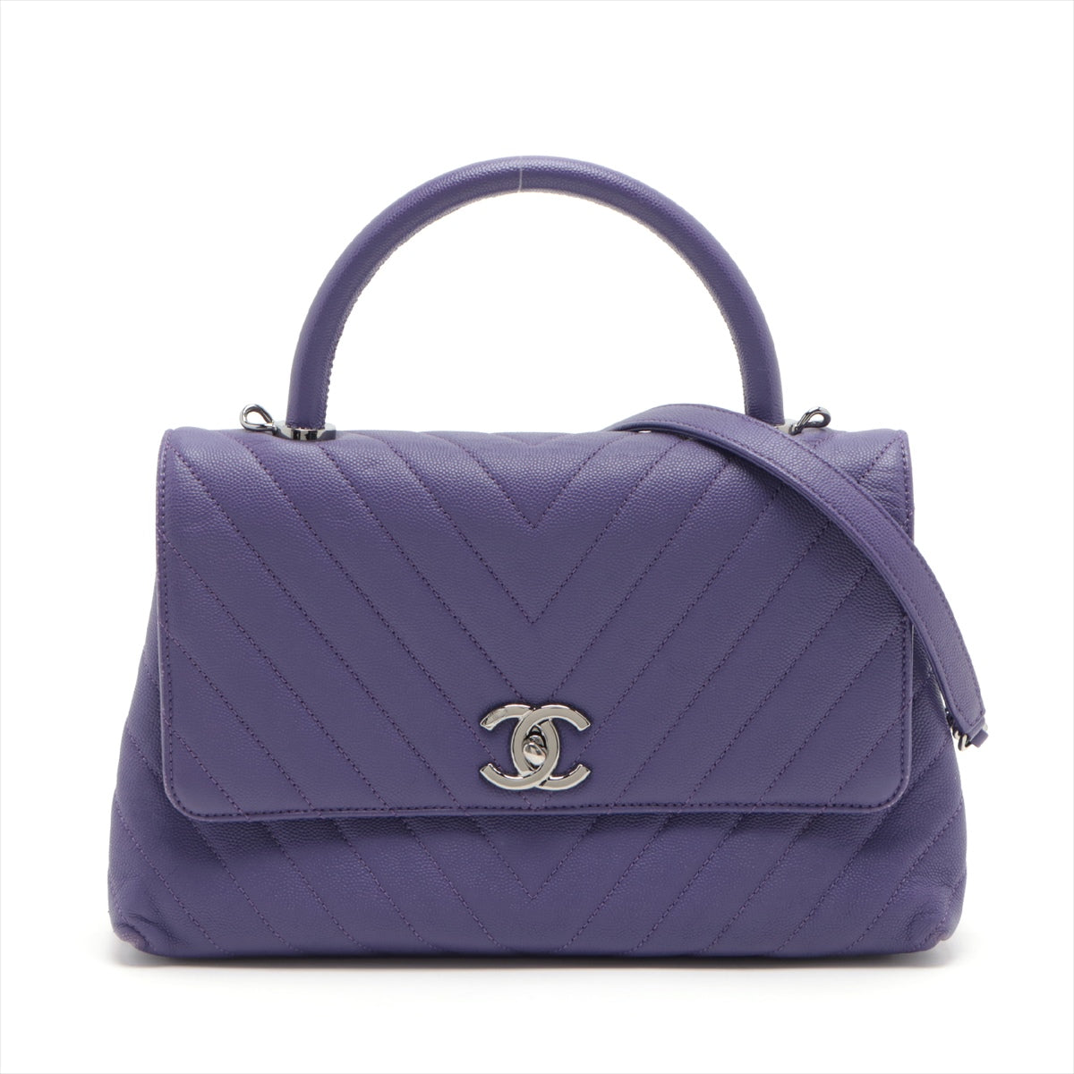 Chanel Coco Handle Caviar Skin 2 Way Handbag V Stitch Purple Silver Metal Fittings 28th