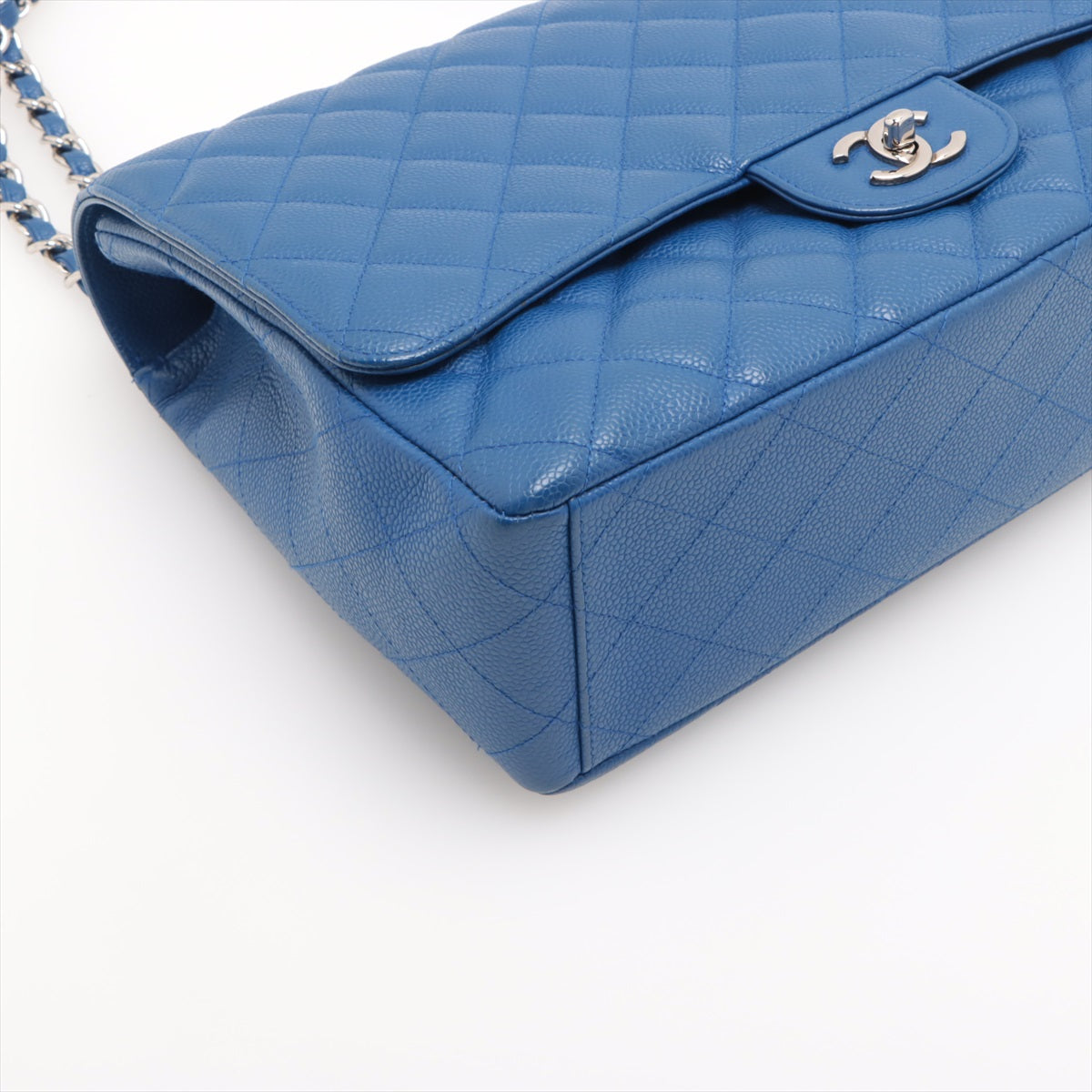 Chanel Big Matelasse Caviar Skin Single Flap Double Chain Bag Blue Silver Metal Fittings 13XXXXXX