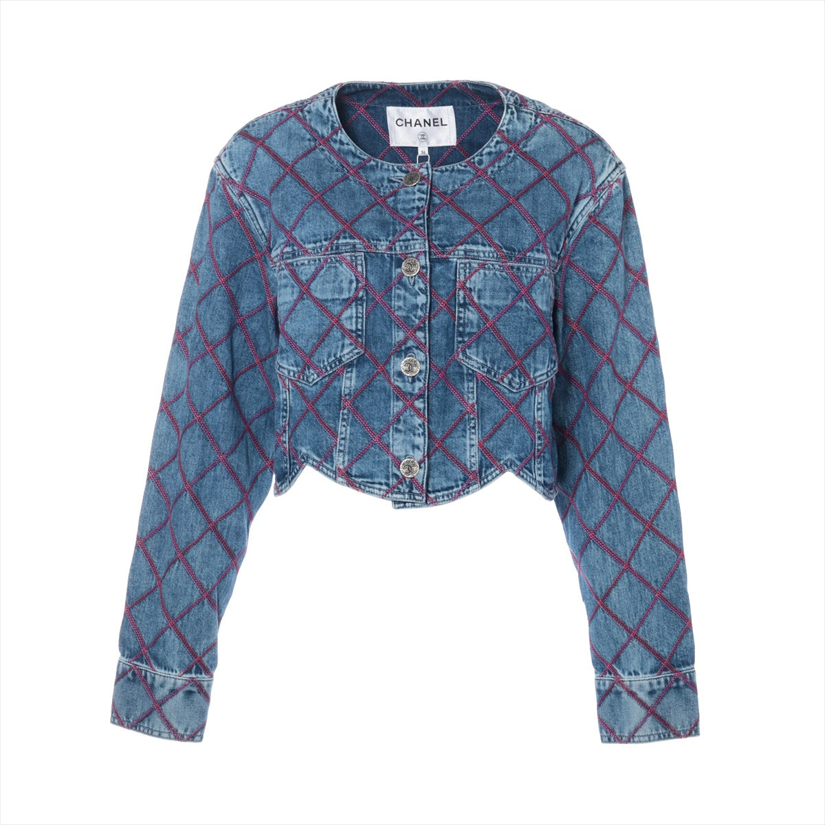 Chanel Coco Button 22M Cotton Denim Jacket 36 Ladies' Blue x pink  P71319V63952 stitched design