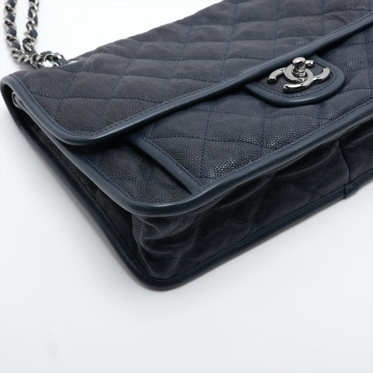 Chanel French Riviera Caviar Skin Single Flap Double Chain Bag Navy Blue Silver Metal Fittings 20XXXXXX
