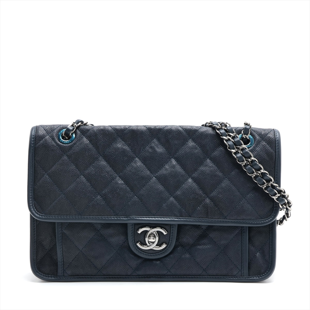 Chanel French Riviera Caviar Skin Single Flap Double Chain Bag Navy Blue Silver Metal Fittings 20XXXXXX