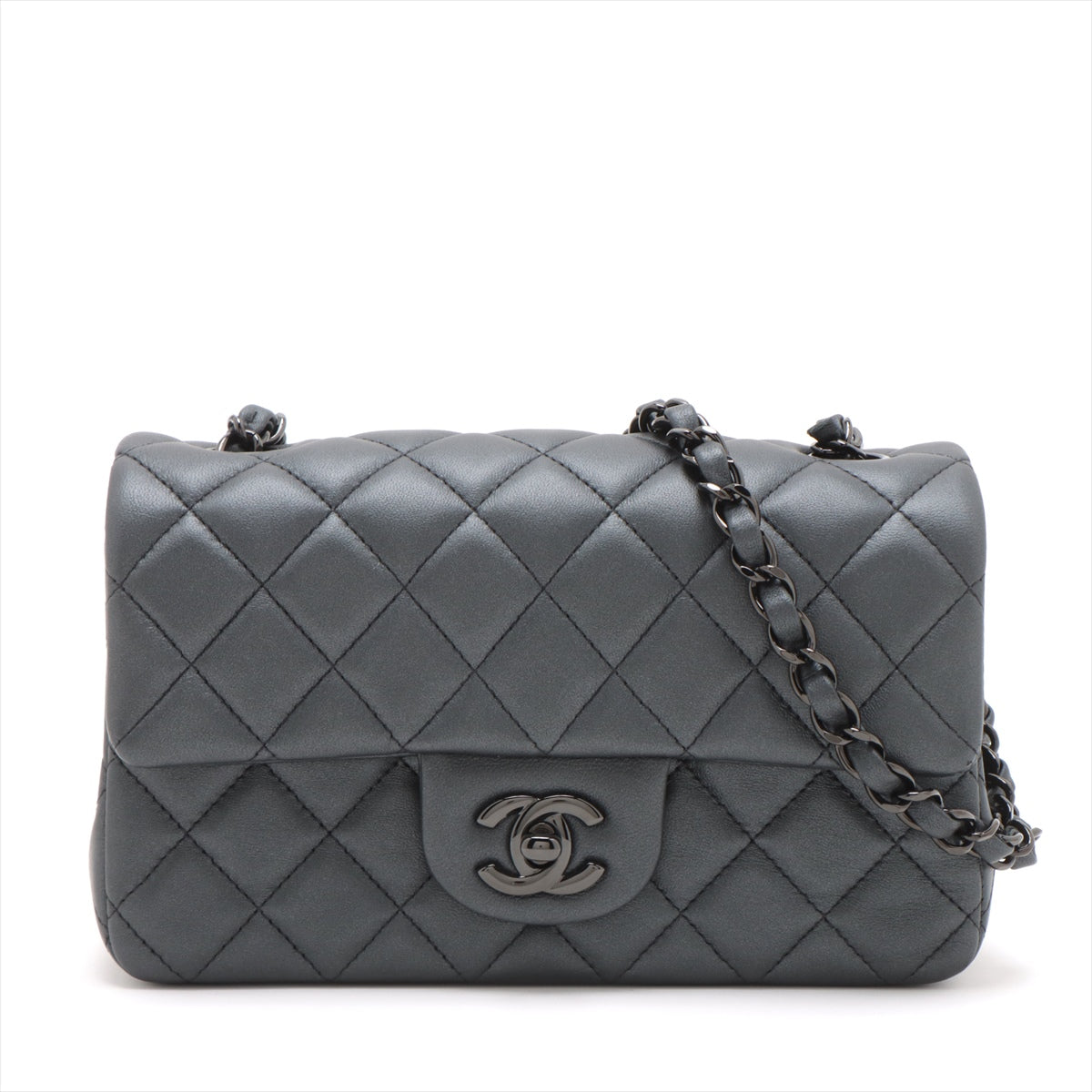 Chanel Mini Matelasse 20 Lambskin Single Flap Single Chain Bag Grey Black Metal Fittings A69900