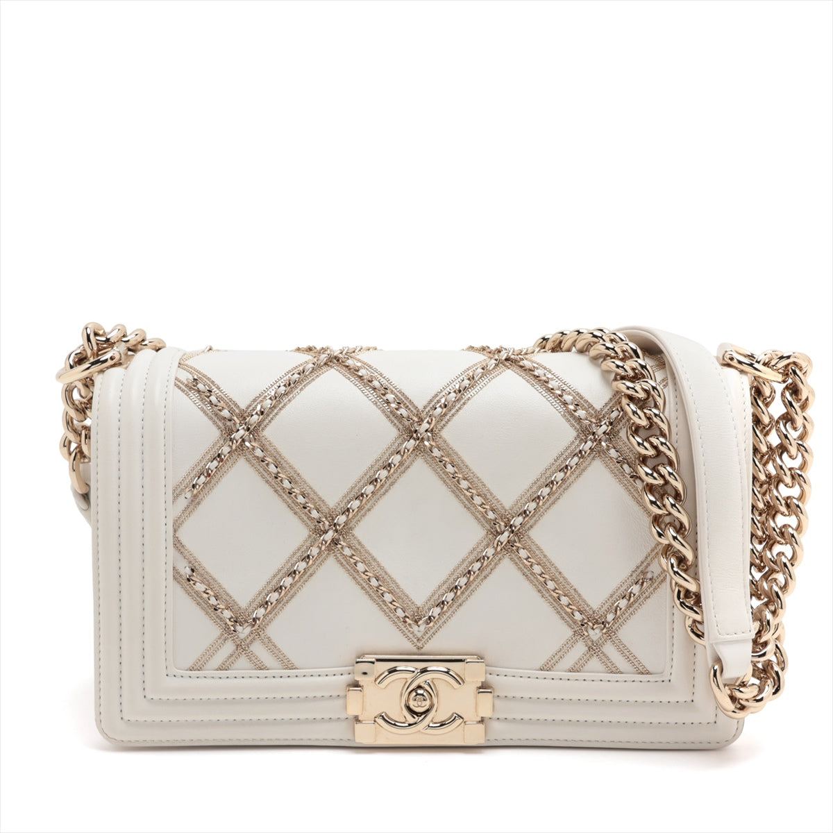Chanel BOY CHANEL 25 Lambskin Chain Shoulder Bag White Gold Metal Fittings A67086