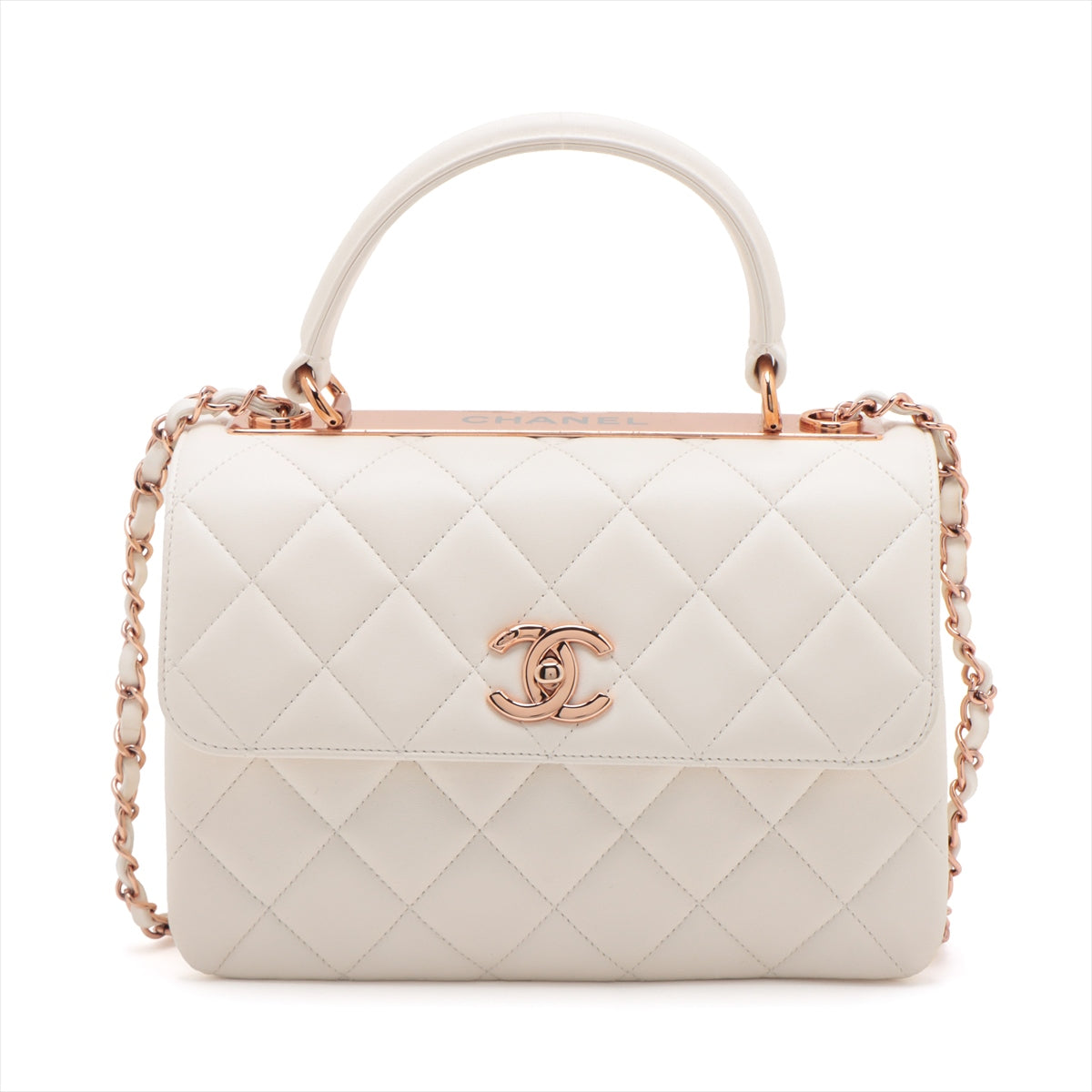 Chanel Matelasse Lambskin 2 Way Handbag White Rose Gold Metal Fittings