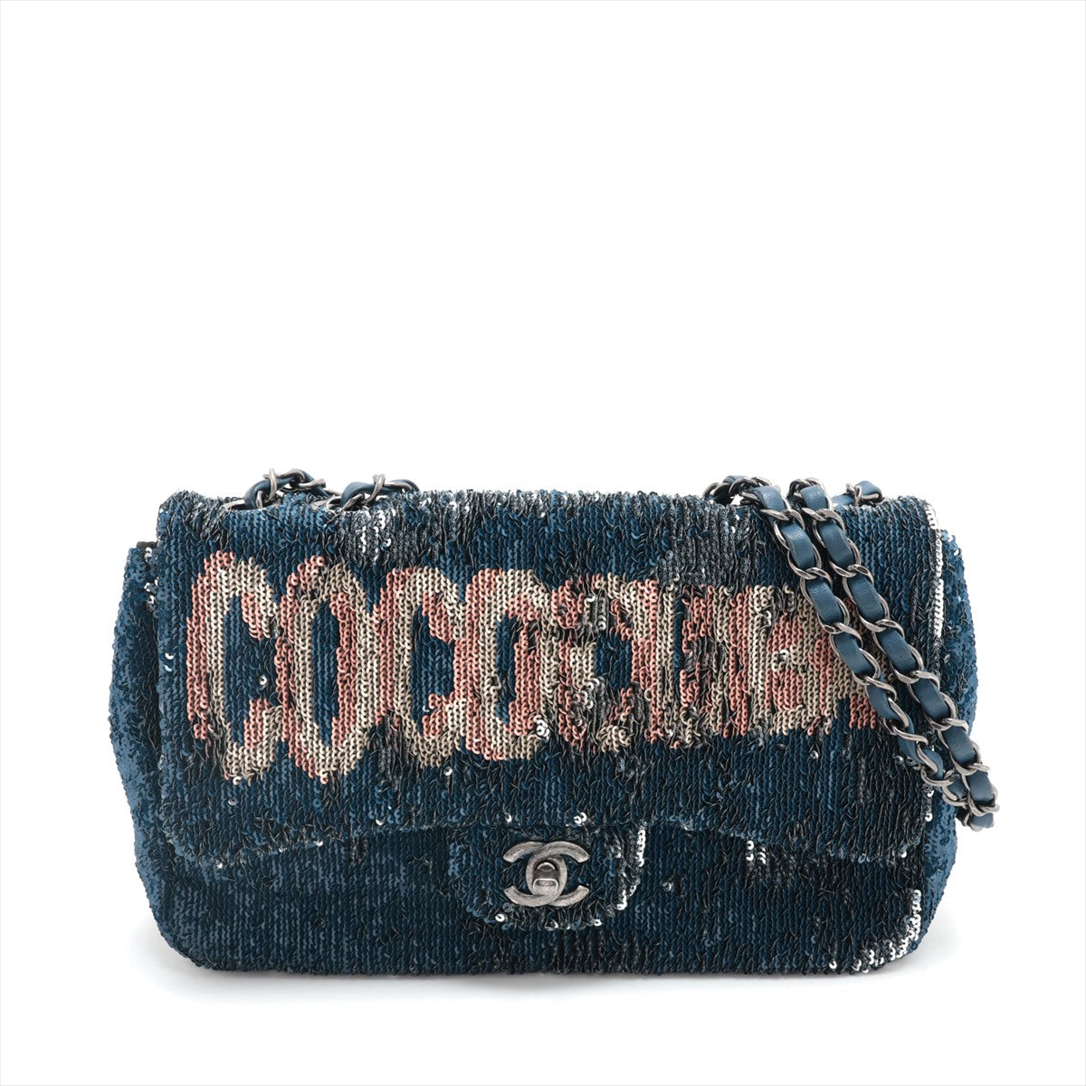 Chanel Coco Cuba Sequin Single Flap Double Chain Bag Blue Silver Metal Fittings 23XXXXXX
