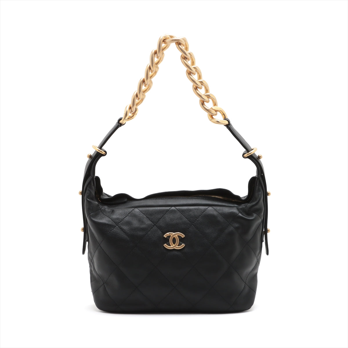 Chanel Matelasse Lambskin Chain Shoulder Bag Black Gold Metal Fittings AS2910