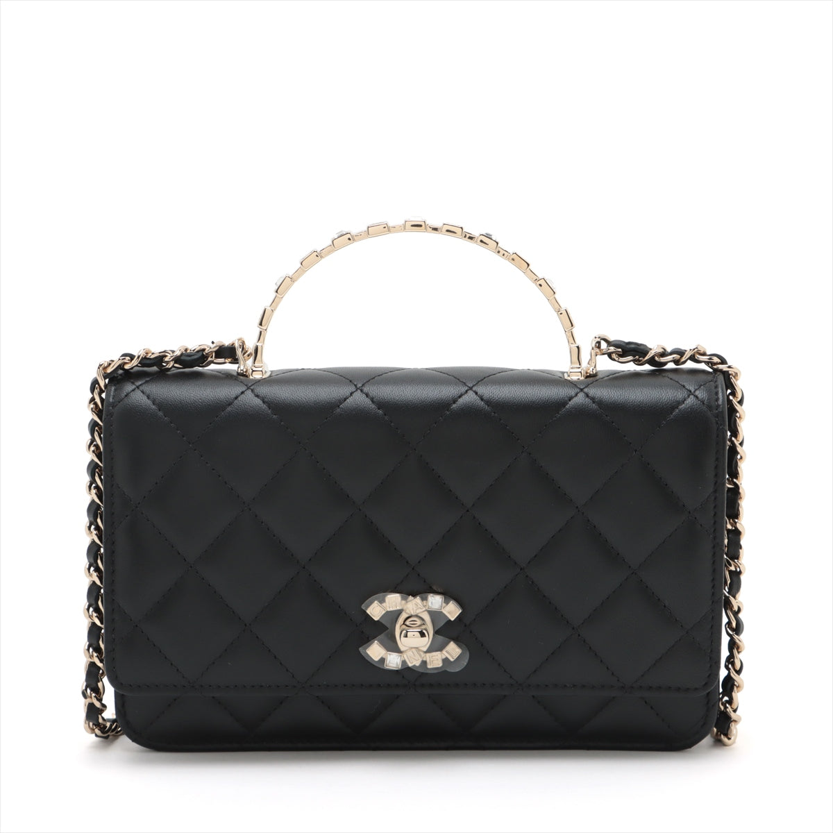 Chanel Matelasse Lambskin Chain Wallet Top Handle Black Gold Metal Fittings AP3796