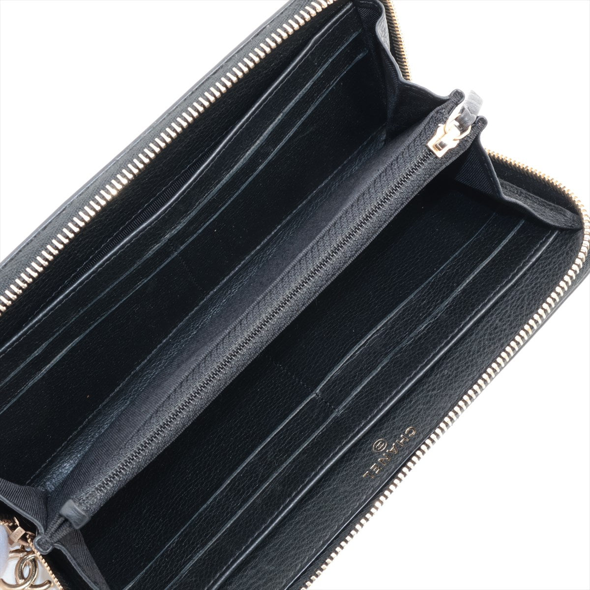 Chanel Coco charm leather x studs Round-Zip-Wallet Black Gold Metal fittings 22XXXXXX