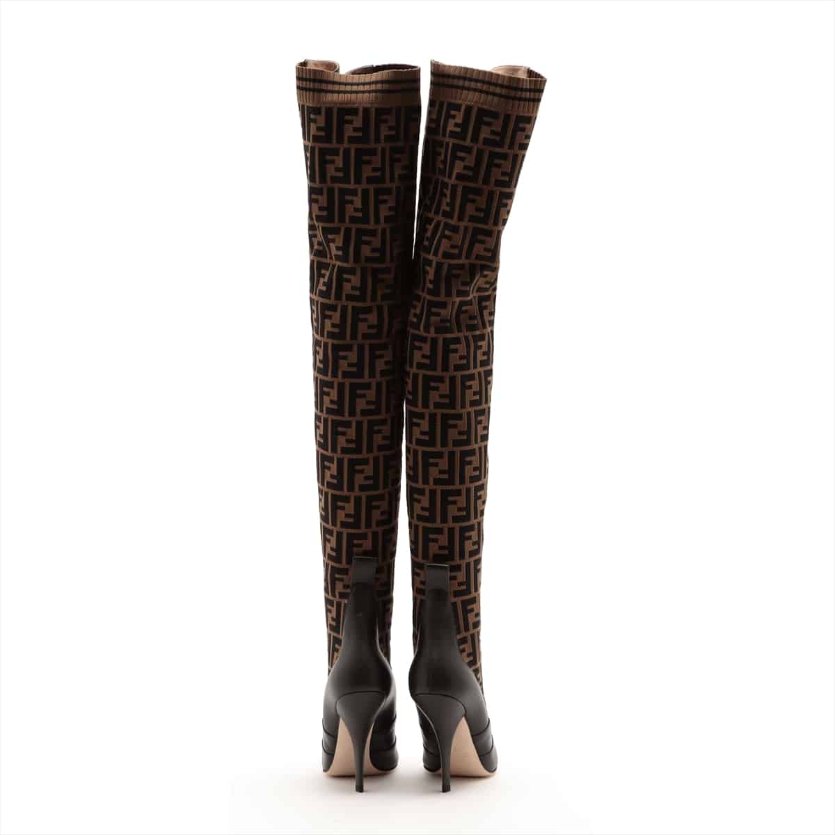 Fendi ZUCCa Knit × Leather Long boots 40 Ladies' Brown