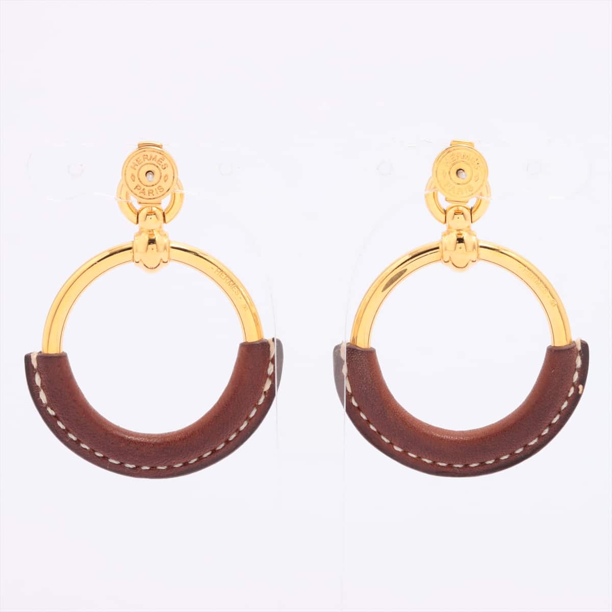 Hermès Loop Piercing jewelry (for both ears) GP & leather Gold x brown