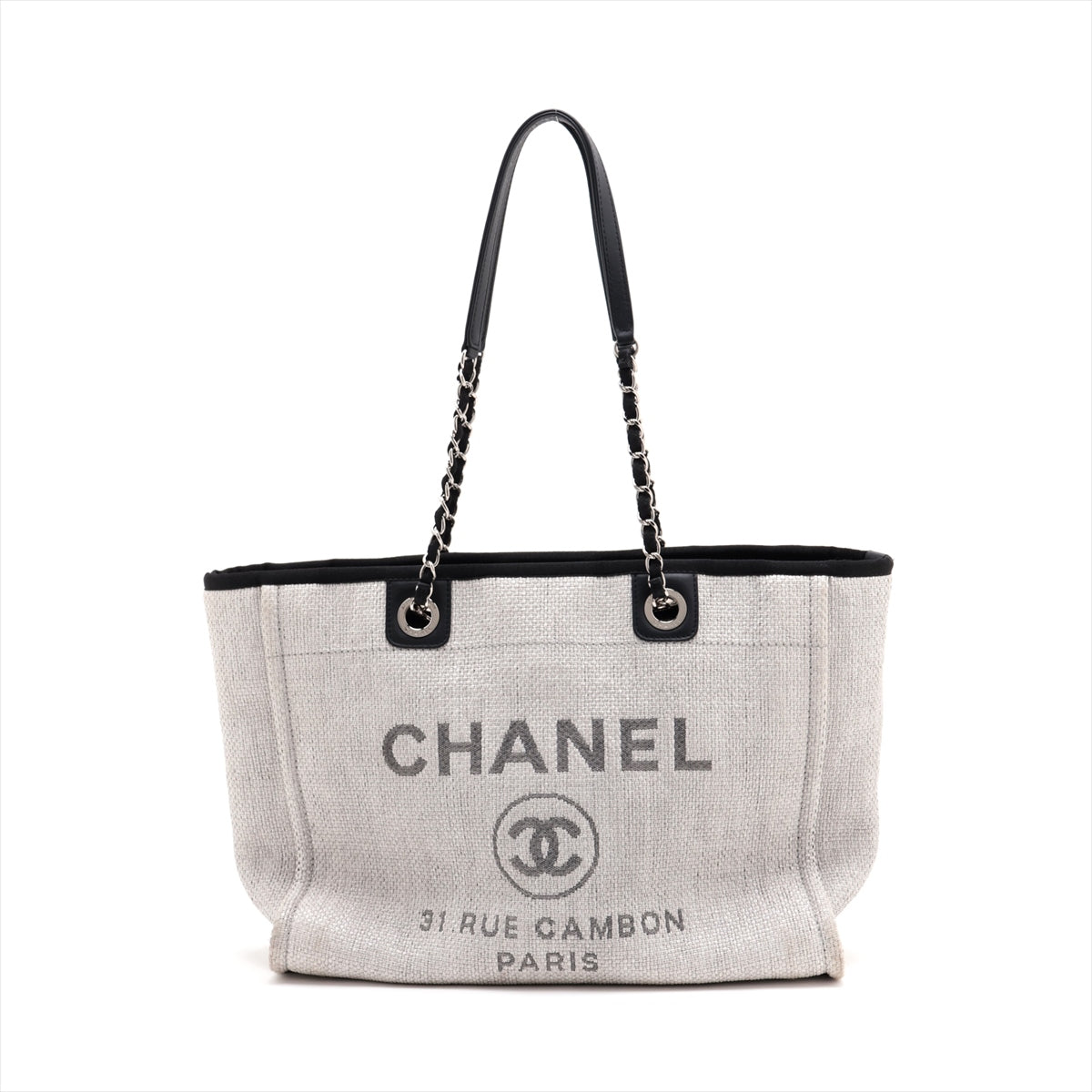 Chanel Deauville MM Straw & leather Chain Tote Bag Black x Gray Silver Metal Fittings 22XXXXXX