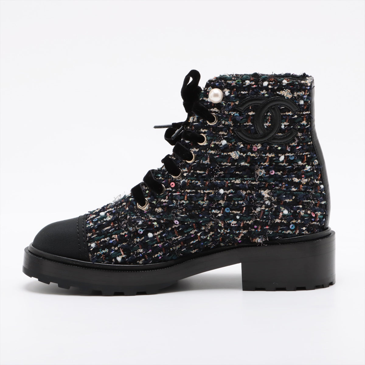 Chanel Coco Mark Tweed Short Boots 37.5 Ladies' Black x Navy G35154  Pearl
