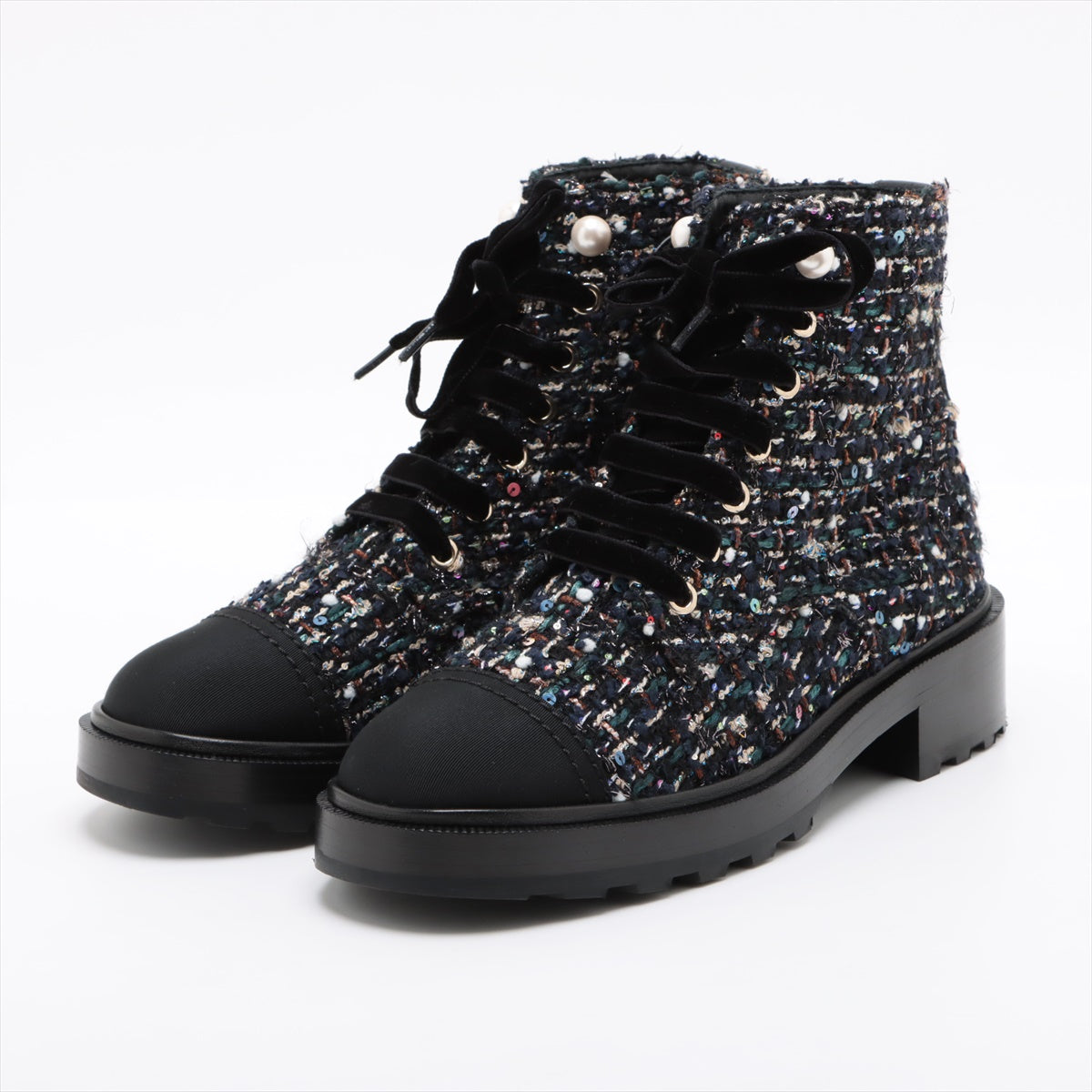 Chanel Coco Mark Tweed Short Boots 37.5 Ladies' Black x Navy G35154  Pearl