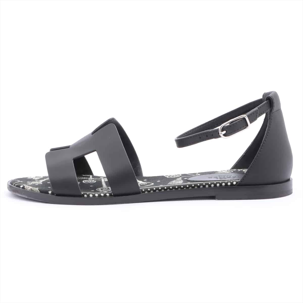 Hermès Santorini Leather Sandals 35 1/2 Ladies' Black H mark