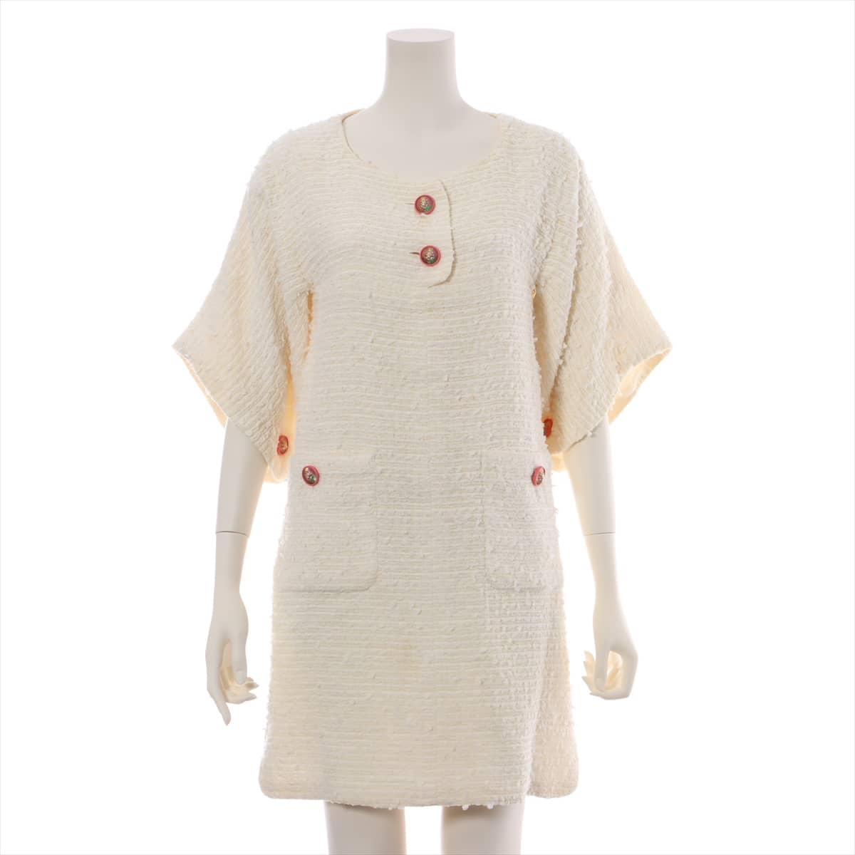 Chanel Coco Mark P56 Tweed Dress 36 Ladies' White  There are stains and odors all over the lining etc.