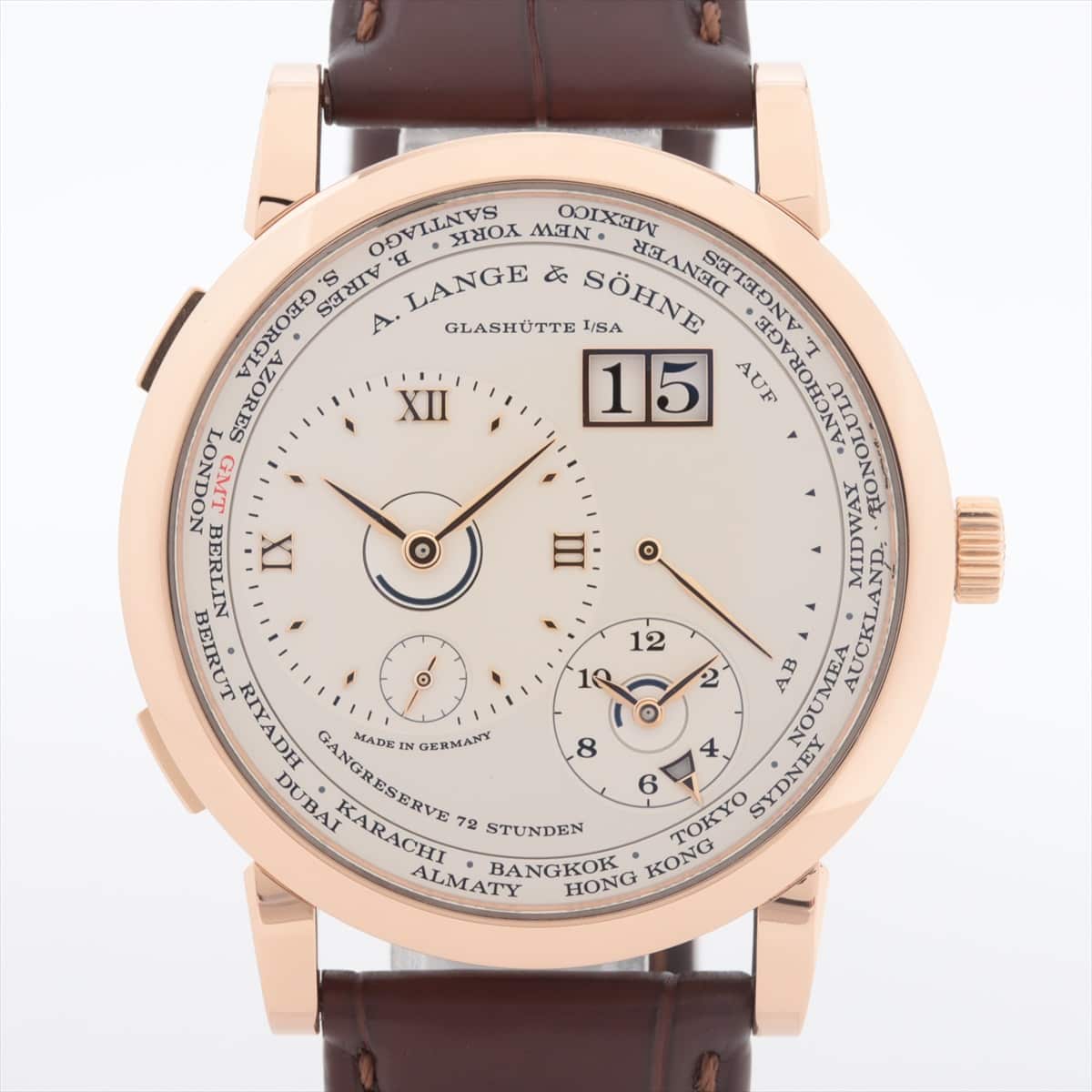 A. Lange & Söhne LANGE 1 TIME ZONE LS1364AA 136.032 750 & leather Stem-winder Silver-Face Watch strap with a scent of perfume