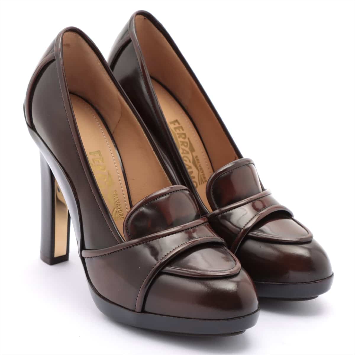 Ferragamo Patent leather Pumps 6.5 Ladies' Brown The metal fitting on the left heel is about to come off.