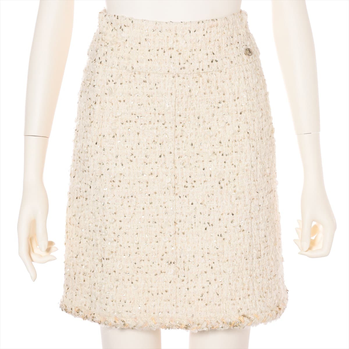 Chanel Coco Button P61 Tweed Skirt 34 Ladies' White x gold